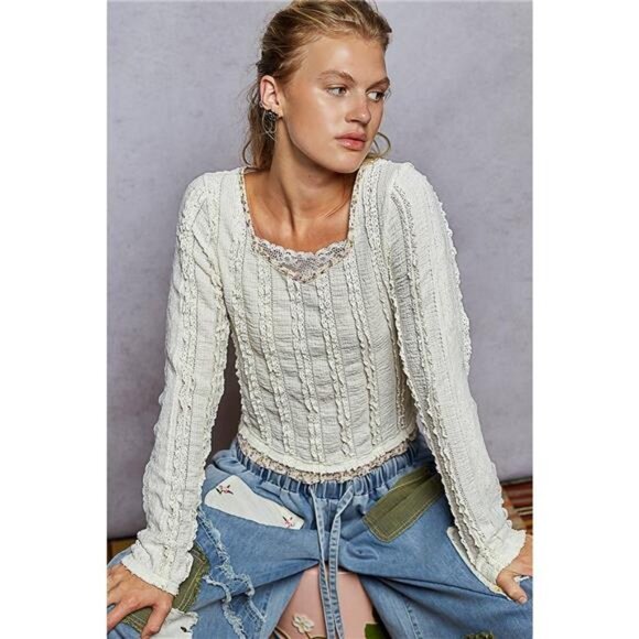 POL Texture Long Sleeve Blouse with Floral Ruffled - Picture 7 of 12